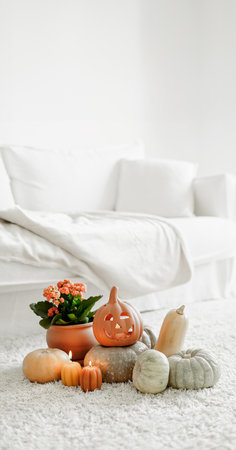 White Interior Decoration Halloween. White aesthetic photoの写真素材