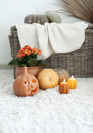 White Interior Decoration Halloween. White aesthetic photoの写真素材