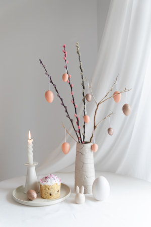 Easter home design. Greeting card. Minimalist white interior.の写真素材