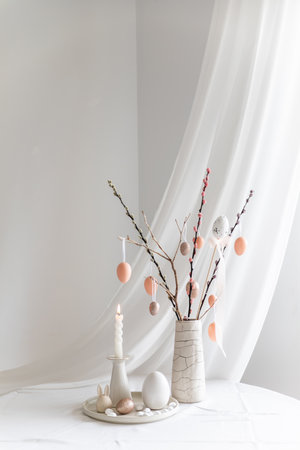 Easter home design. Greeting card. Minimalist white interior.の写真素材