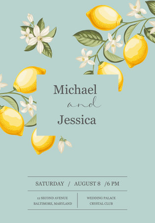 Wedding invitation. Lemon illustration. hand-drawn frame.のイラスト素材