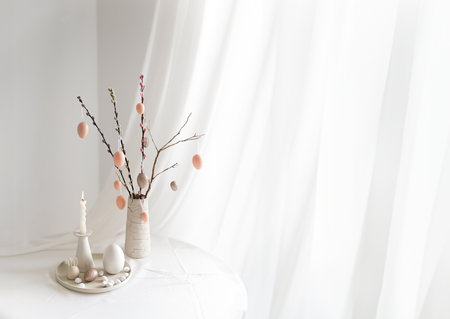 Easter home design. Greeting card. Minimalist white interior.の写真素材