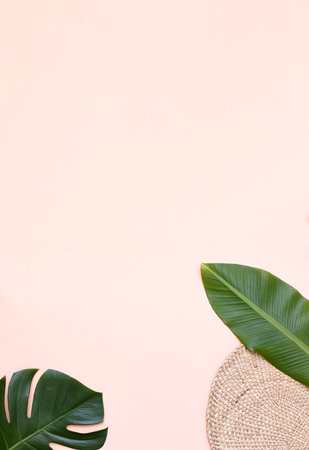 Top view tropical leaves on vibrant background. Summer flat lay composition.の写真素材