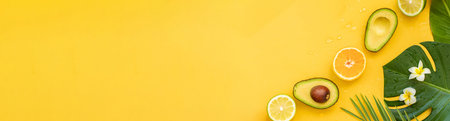 Fresh oranges and avocado in a vibrant concept. Cutted citrus fruit for healthy foodの写真素材