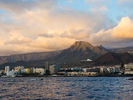 Los Cristianos resort at the sunset, Tenerife, Canarian Islandsのeditorial素材