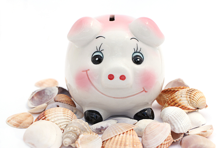 Piggy bank with seashells. Savings for holiday.の写真素材