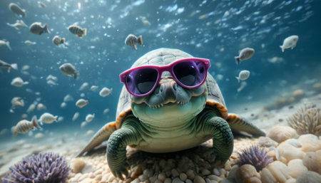 Sunglass-Wearing Turtle in Underwater Sceneの素材