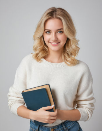 A confident girl with Coiled blonde hair, captivating amber eyes, on white backgroundの素材