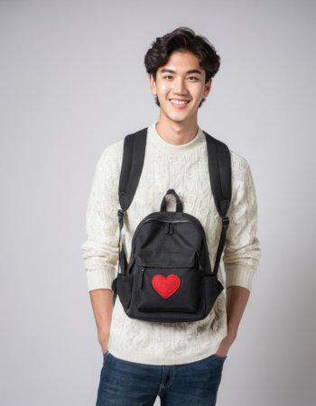 A confident guy with wavy dark brown hair, deep brown eyes, on white backgroundの素材