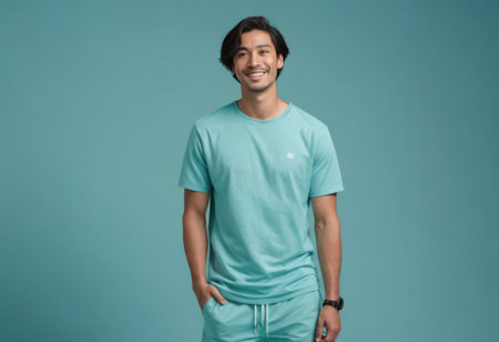 A casual man dressed in teal sportswear, standing with hands in pockets and a smile.の素材