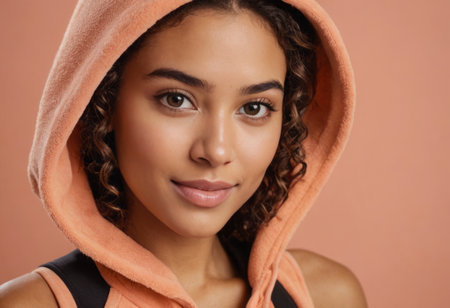 A young woman with braided hair and a peach hoodie gives a confident, approachable look, emphasizing an active lifestyle.の素材