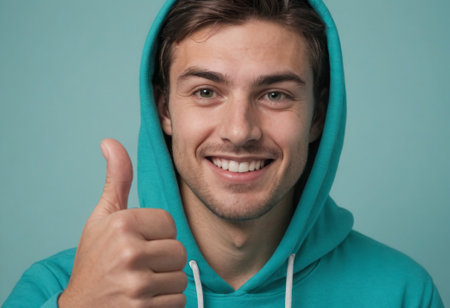 A young man in a hoodie gives a thumbs up, his beaming smile and casual attire exuding warmth and friendliness.の素材