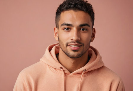 A mans casual style shines through as he smiles wearing a peach hoodie.の素材