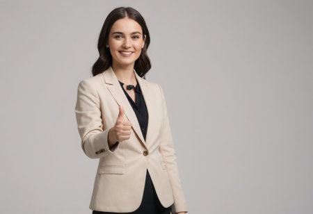 A professional woman in a beige blazer gives a thumbs up, symbolizing success and approval.の素材
