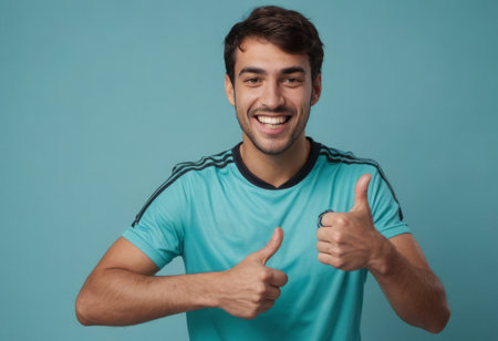 A soccer player in a turquoise jersey making a thumbs up sign.の素材