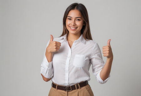 A young Asian woman in a white shirt and beige pants gives a double thumbs up, with a toothy smile and eyes full of energy.の素材