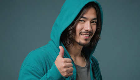 A man with long hair and a hooded sweatshirt gives a thumbs up, his casual look suggests a relaxed and positive vibe.の素材
