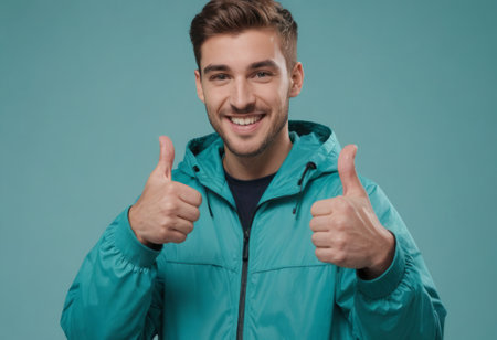 A happy man in a teal winter jacket giving a double thumbs up, his smile bright and welcoming.の素材