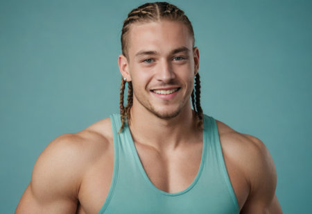 An athletic man with braided hair smiling in a tank top, showing a relaxed attitude.の素材