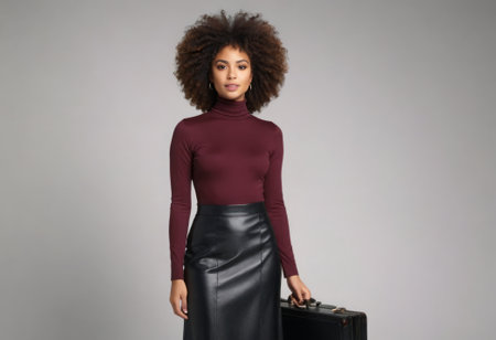 A stylish woman in a maroon turtleneck and black leather skirt carries a briefcase, ready for a professional challenge.の素材
