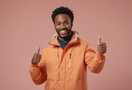 A joyful man wearing an orange jacket with a fur-lined hood gives two thumbs up, his face beaming with happiness.の素材