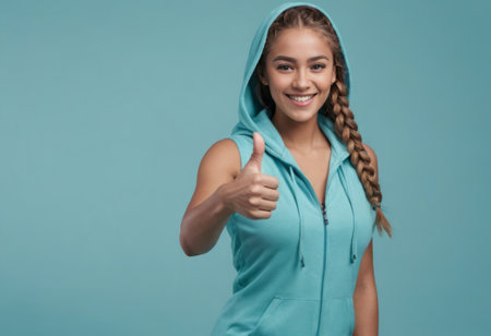 A young woman in a teal zippered vest gives a thumbs up, her braided hair and bright smile suggesting enthusiasm and positivity.の素材