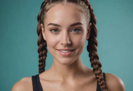 A young woman with double braids and a black tank top gives a playful smile, showcasing a fit and active lifestyle.の素材