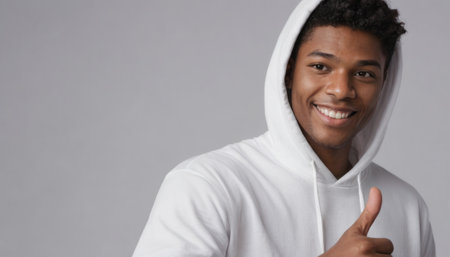 A young black man with a bright smile gives a thumbs up while wearing a white hoodie, looking relaxed and cheerful.の素材