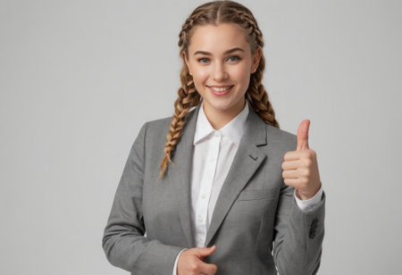 A young businesswoman in a gray suit giving a thumbs up, her braided hair framing a confident smile.の素材