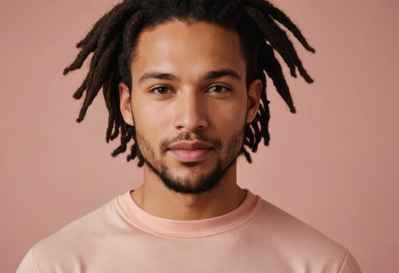 A serene man with stylish dreadlocks wears a pink sweatshirt, presenting a modern look against a peach background.の素材