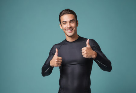 A smiling man in a black wetsuit making thumbs up gestures. He appears confident and pleased.の素材