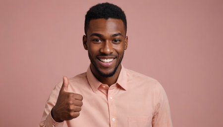 Cheerful young man in a casual shirt showing approval. Warm-colored studio background.の素材