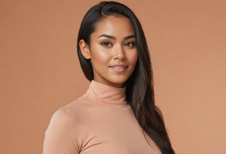 An elegant woman in a peach turtleneck sweater poses gracefully. Her long hair and composed expression exude sophistication.の素材