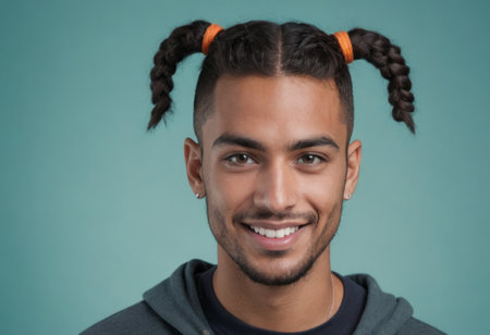 Man with a unique hairstyle sporting casual wear and a smile. Exudes a laid-back, urban vibe.の素材