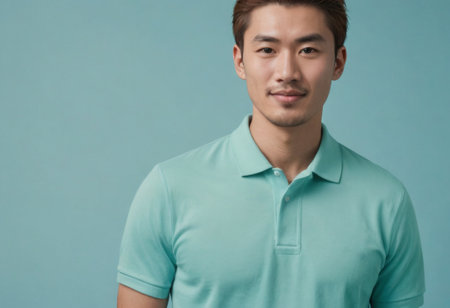 A man in a mint polo shirt looking confident. Soft focus on a casual, stylish male figure.の素材