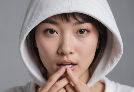A contemplative woman in a white hooded top with fingers on lips. Her gaze is introspective and curious.の素材