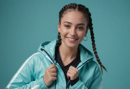 A cheerful young woman in athletic wear prepares for exercise. Her braided hair and bright smile indicate a lively spirit.の素材