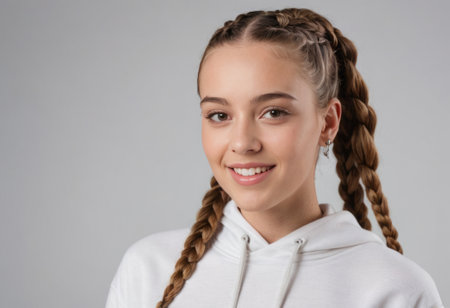 A youthful girl with braided hair in a casual hoodie, grey background. Her fresh-faced appearance and relaxed attire convey a laid-back and approachable vibe.の素材