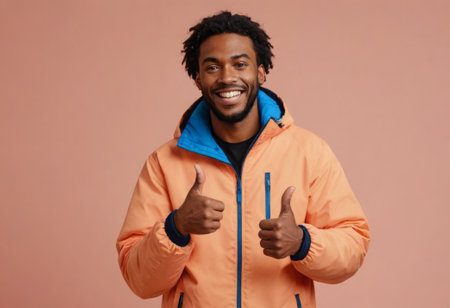 A man in a bright orange jacket gives a cheerful thumbs up. The warm clothing suggests comfort and readiness for cooler weather.の素材
