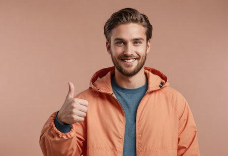 A smiling man in a warm orange jacket gives a thumbs up. His casual and approachable style suggests comfort and friendliness.の素材