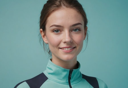 A smiling woman in a turtleneck, teal background. Her subtle makeup and soft gaze portray sophistication and approachability.の素材