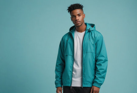 A stylish man in a teal jacket stands confidently. His trendy outfit and composed expression indicate a modern and fashionable vibe.の素材