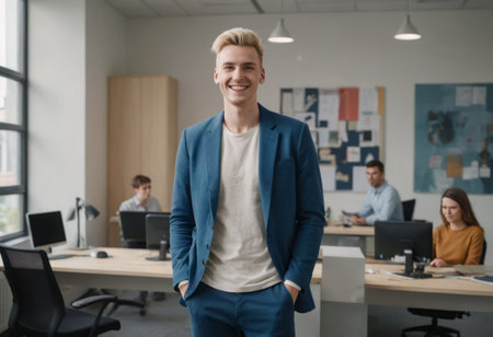 A confident businessman stands in the office with a smile. His blue blazer signifies professionalism and style.の素材