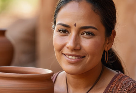 A close-up of a smiling woman, possibly outdoors, reflecting warmth and happiness. The image captures a casual, personal moment.の素材