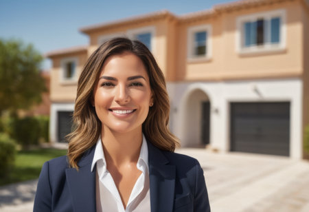 A real estate agent standing confidently outside a residential property, indicating expertise in home sales.の素材