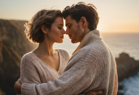A couple embraces lovingly by the sea at sunset. The mood is intimate and romantic.の素材