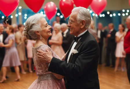 A senior couple dances joyfully at a celebration. The scene is filled with love and balloons.の素材