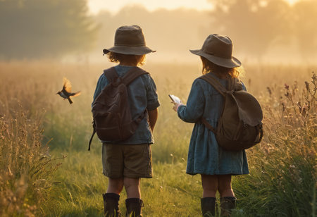 Kids in explorers outfits watch butterflies in a misty meadow at sunrise.の素材