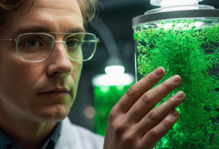 A scientist examining a green algae specimen in a laboratory. The close-up view shows the scrutiny and research involved.の素材
