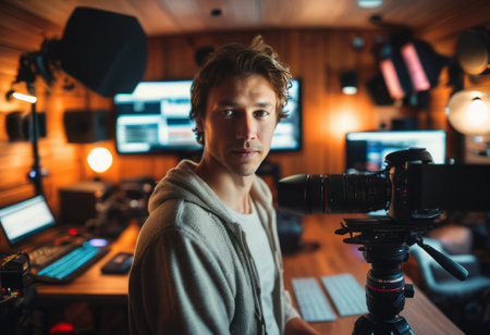 A man focused on filming with a handheld camera. In a studio setting, his concentration on the task is clear.の素材
